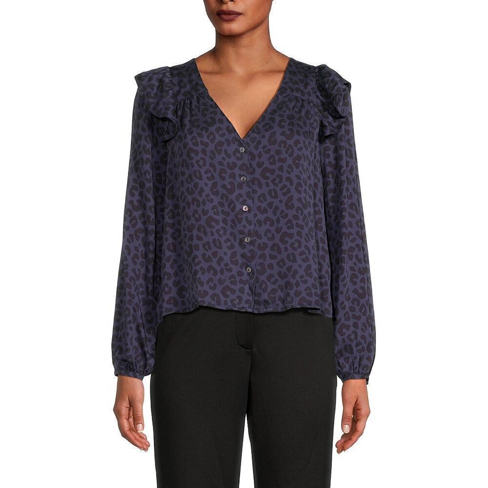 Marine Layer Rory Blouse Cheetah Animal Print Ruffle Top Blue NWT S
